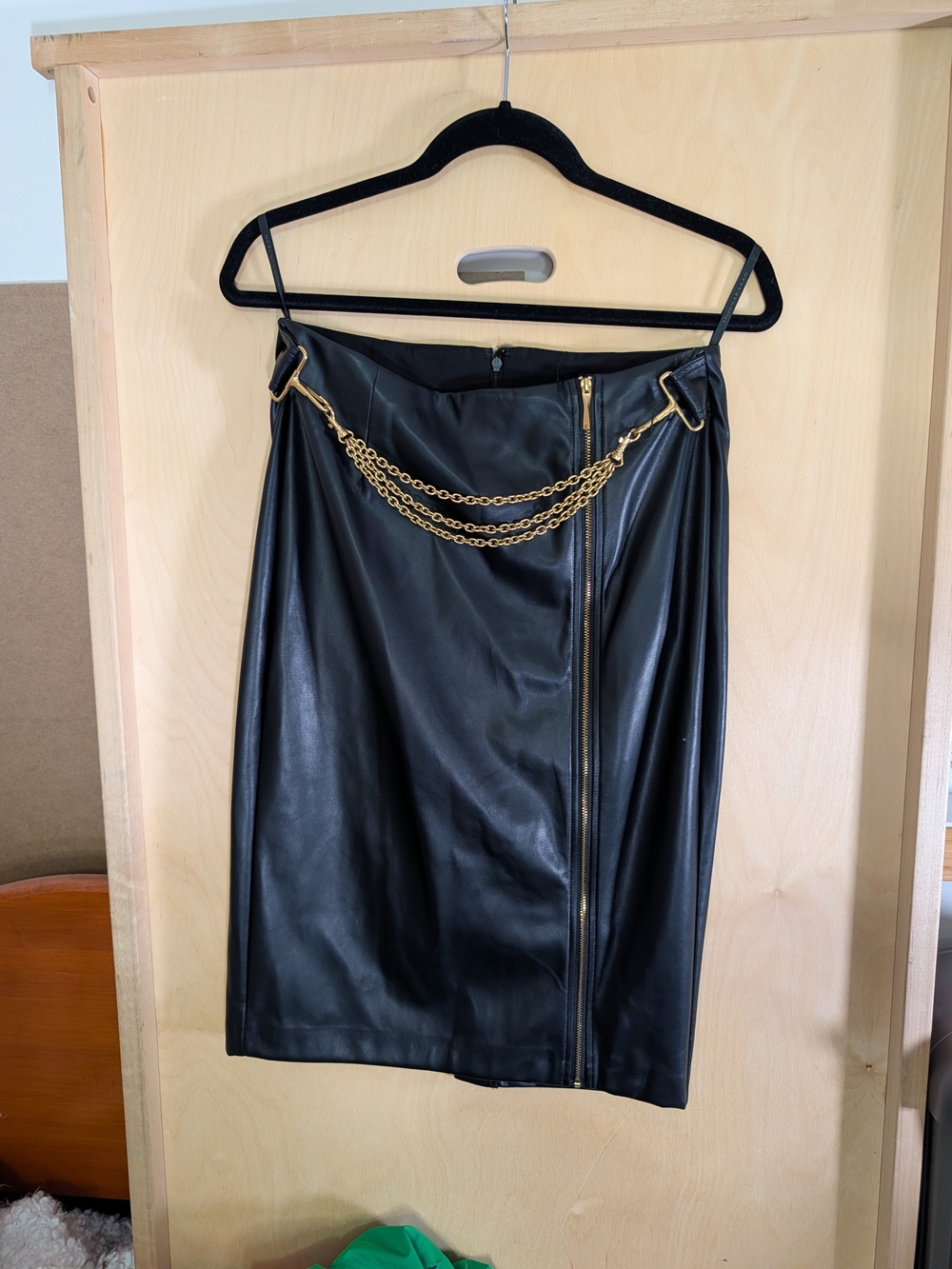Faux Leather Black Pencil Skirt with Gold Chain Detail - With Defect